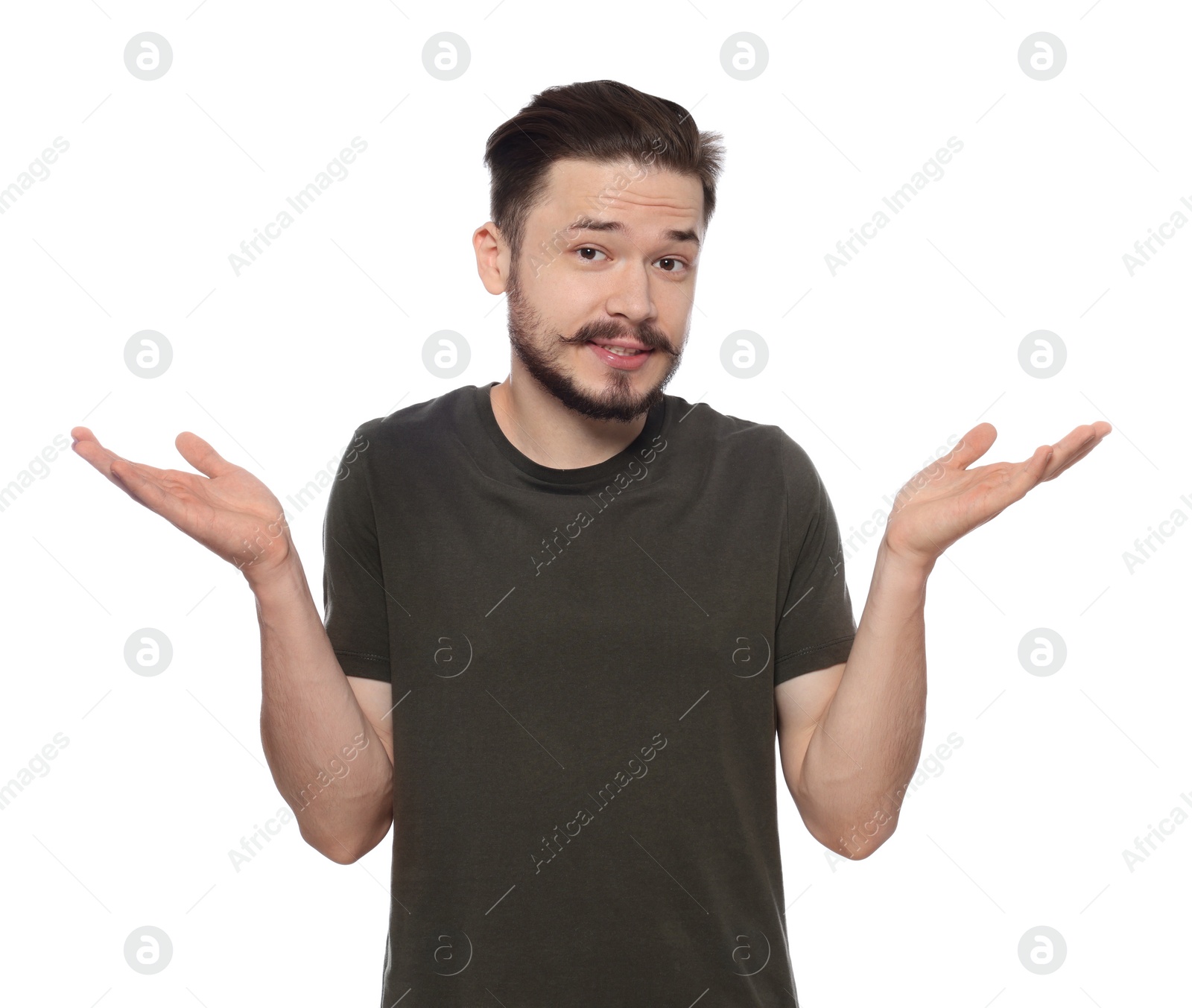 Photo of Portrait of embarrassed man on white background