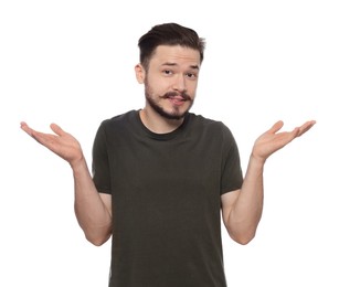 Portrait of embarrassed man on white background