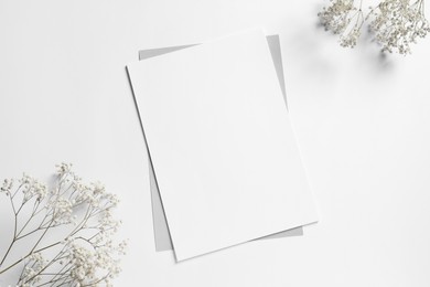 Photo of Empty sheet of paper and gypsophila flowers on white background, flat lay. Mockup for design