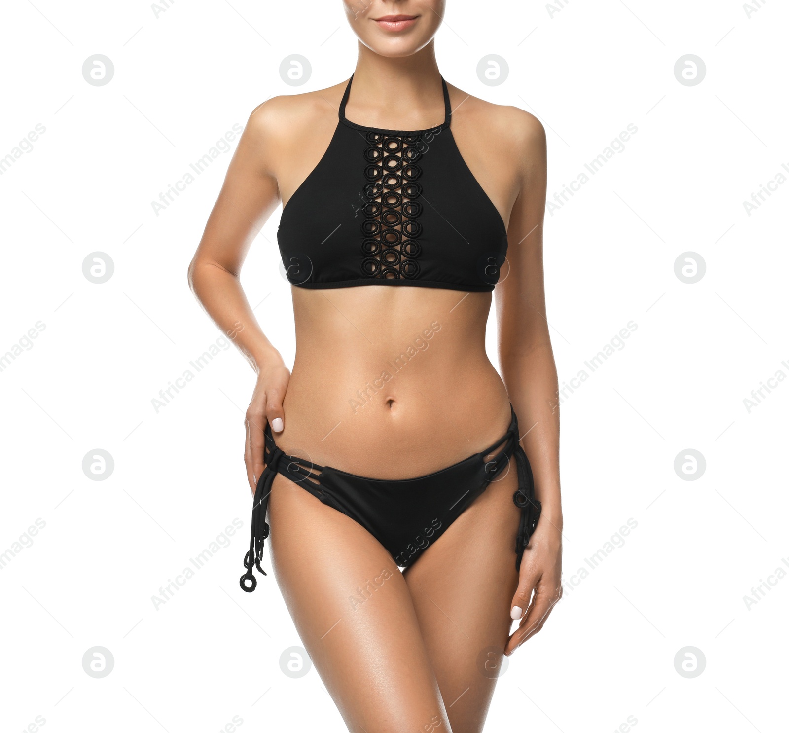 Photo of Sexy young woman in stylish swimsuit isolated on white, closeup. Beach body goal