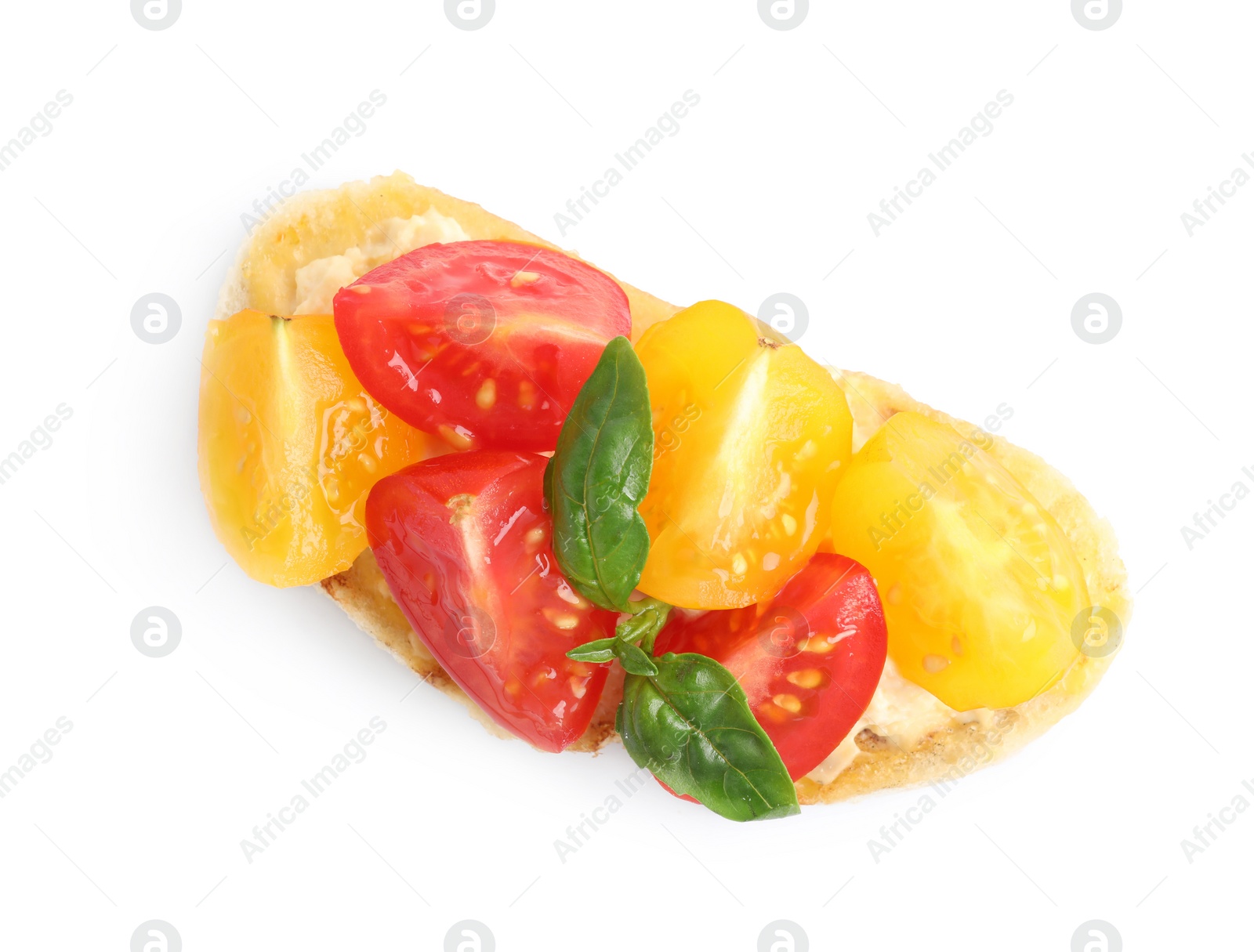 Photo of Delicious tomato bruschetta on white background, top view