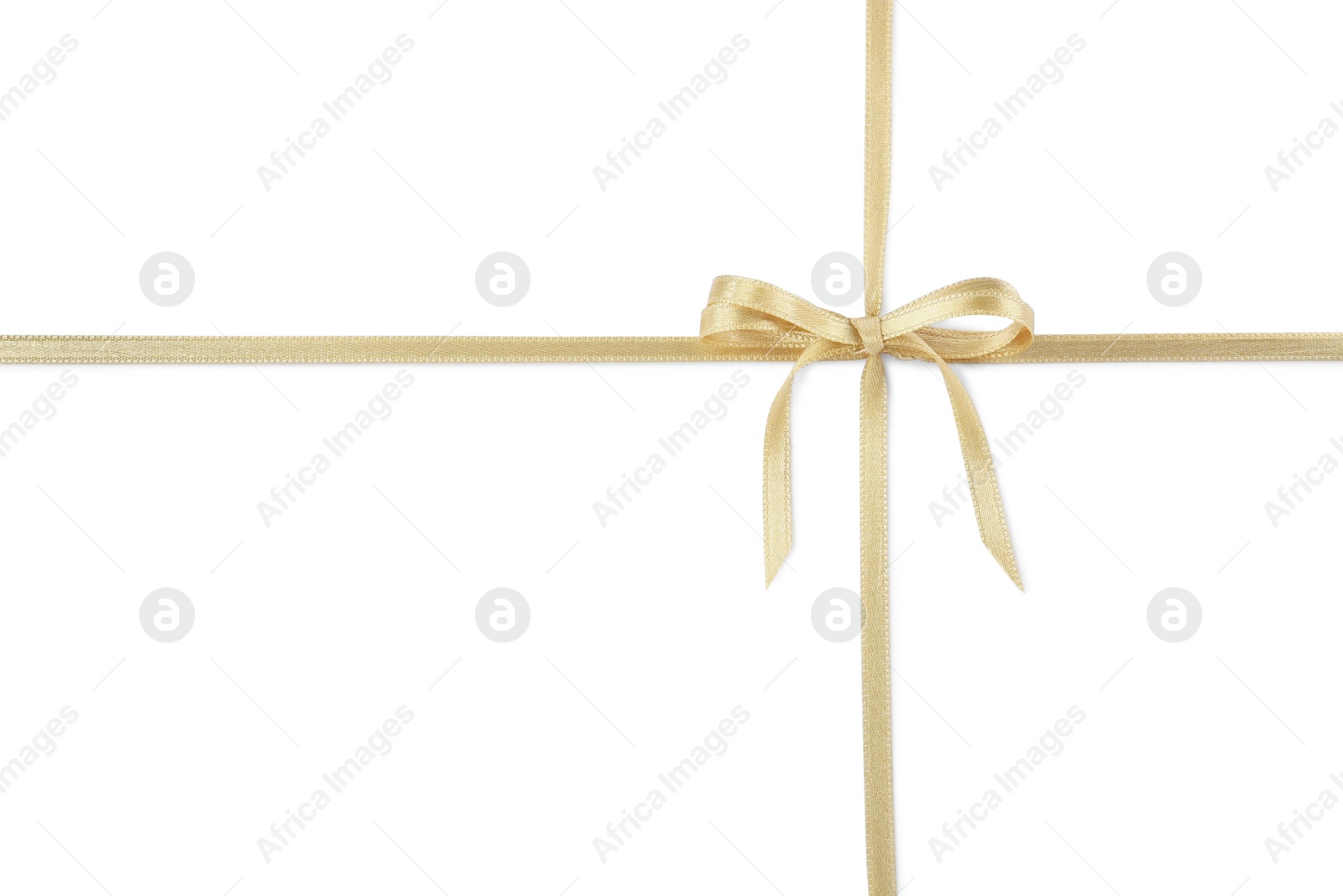 Photo of Golden satin ribbons with bow on white background, top view