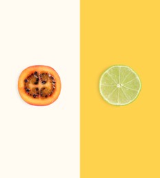 Delicious cut exotic fruits on color background, top view