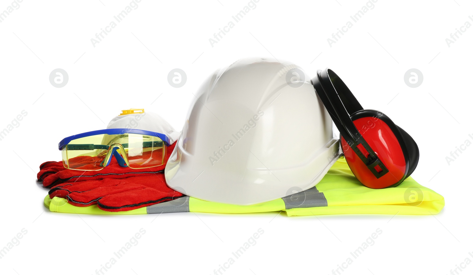 Photo of Protective workwear on white background. Safety equipment