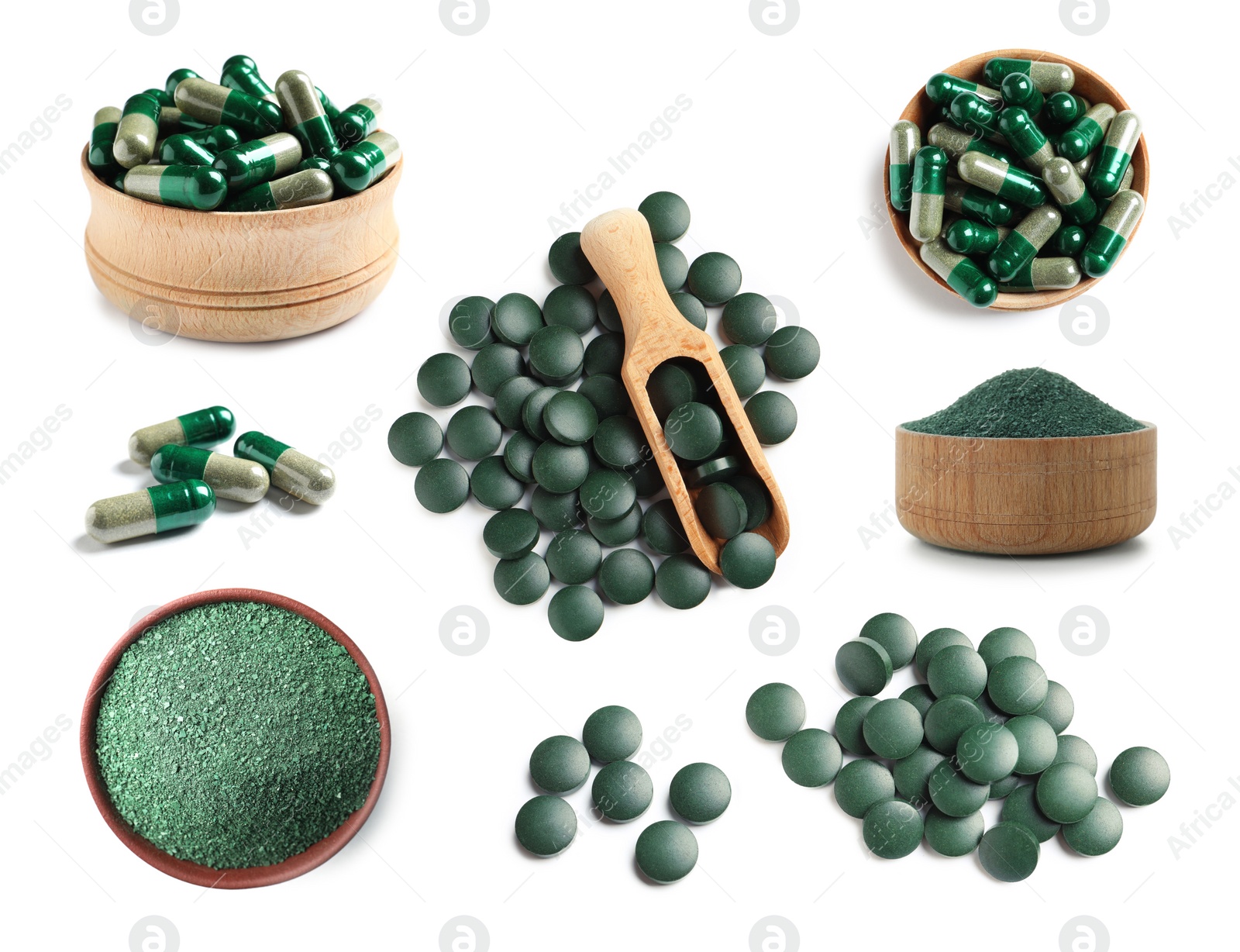 Image of Set of spirulina algae powder and pills on white background