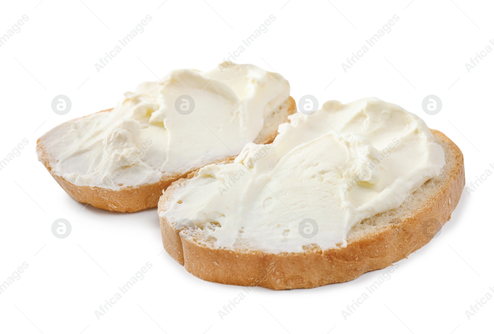 Photo of Bread with cream cheese on white background