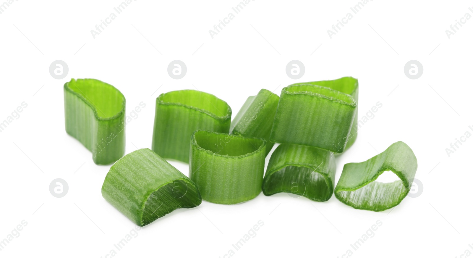 Photo of Chopped fresh green onions on white background