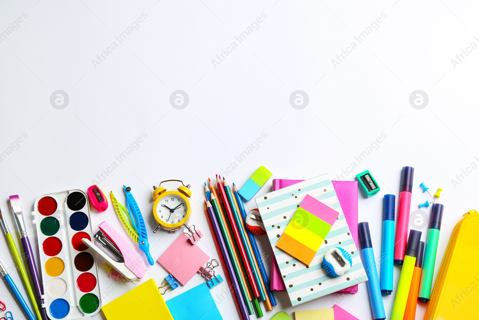 Photo of School stationery on white background, flat lay with space for text. Back to school