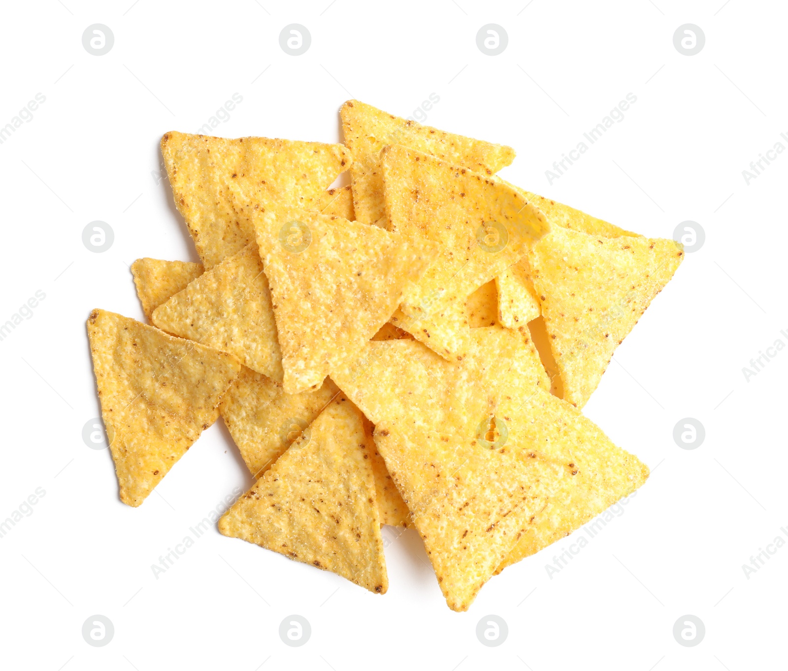 Photo of Tasty Mexican nachos chips on white background, top view