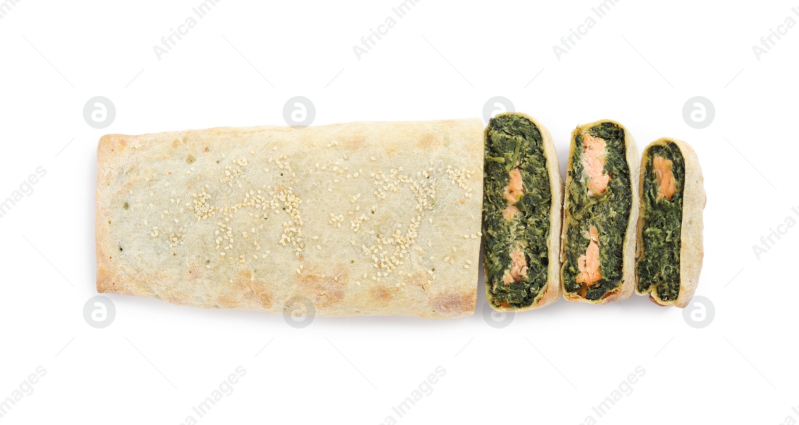 Photo of Cut tasty strudel with salmon and spinach isolated on white, top view