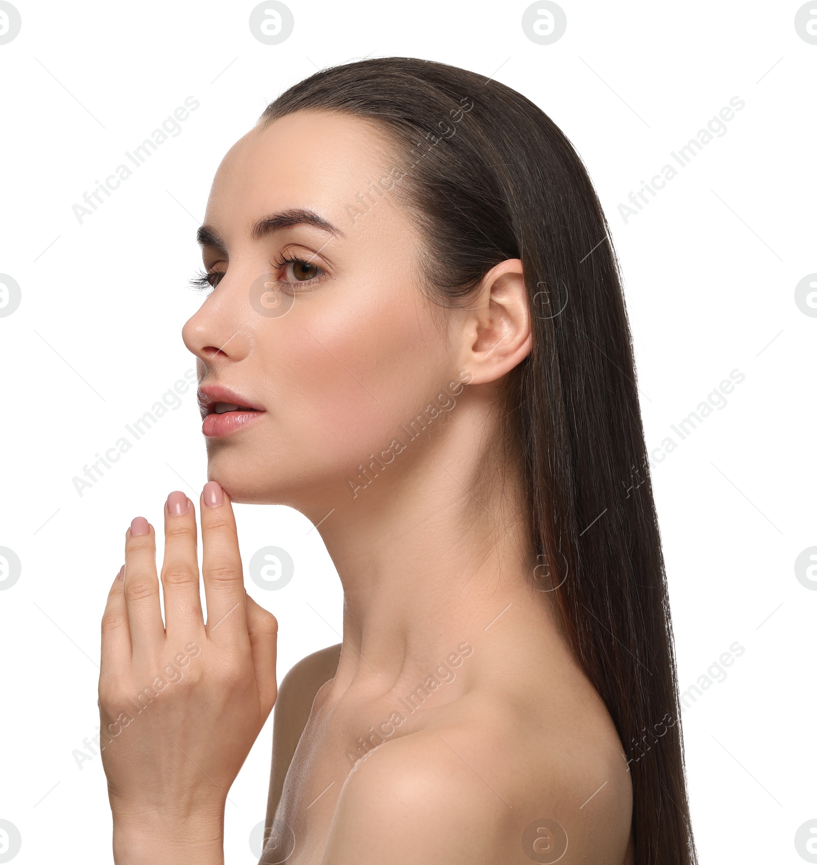 Photo of Portrait of beautiful young woman on white background