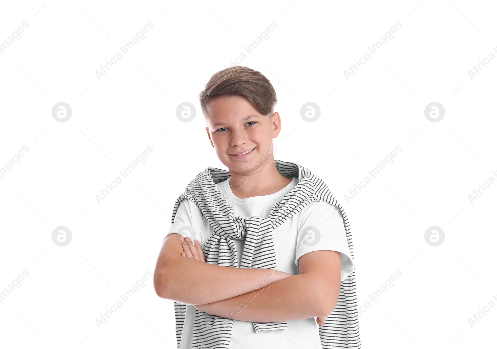 Photo of Teenage boy in casual clothes on white background