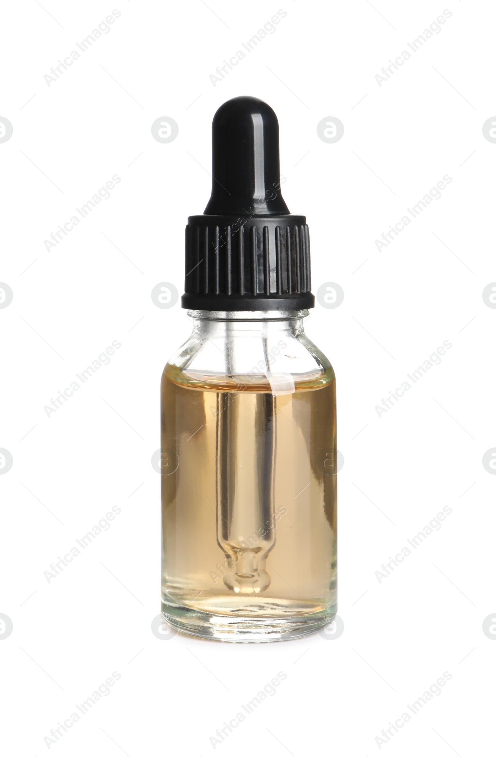 Photo of Glass bottle of essential oil on white background