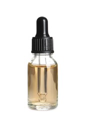 Photo of Glass bottle of essential oil on white background