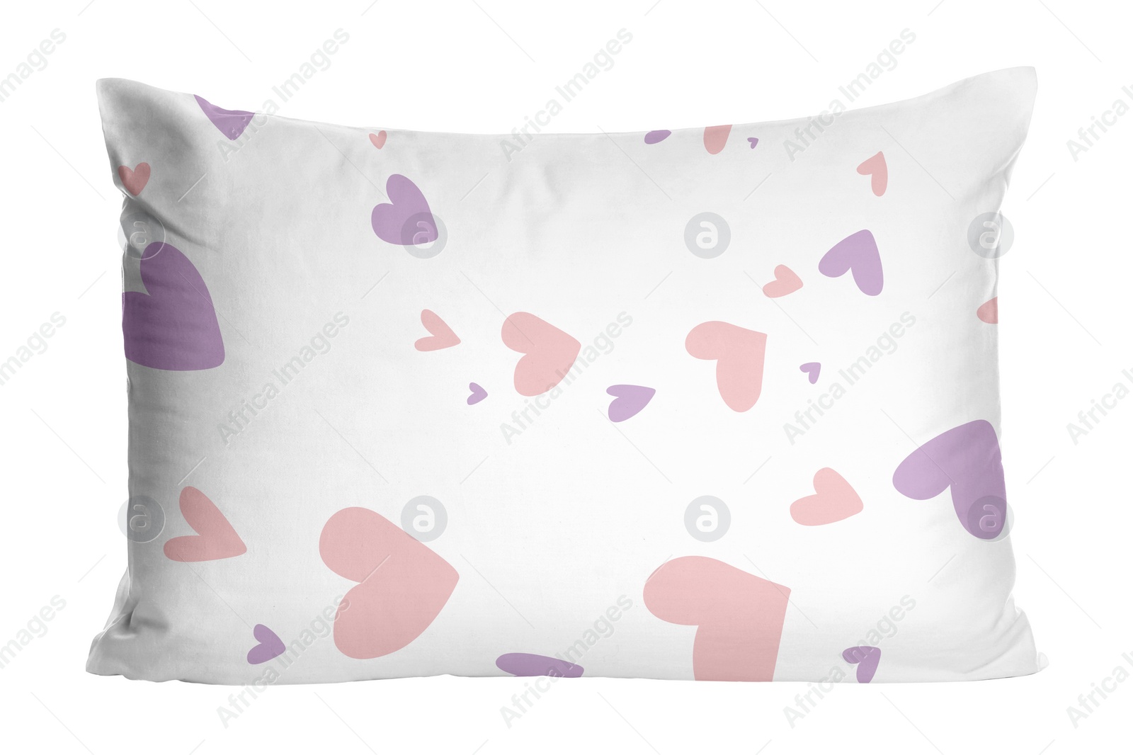 Image of Soft pillow with printed hearts isolated on white