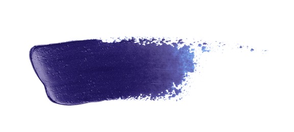 Photo of Blue oil paint stroke on white background, top view