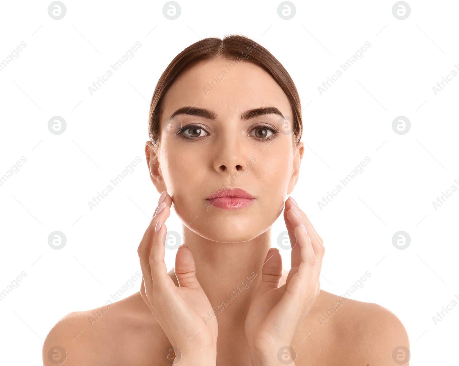 Photo of Portrait of young woman with perfect smooth skin on white background. Beauty and body care