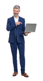 Photo of Mature businessman in stylish clothes with laptop on white background