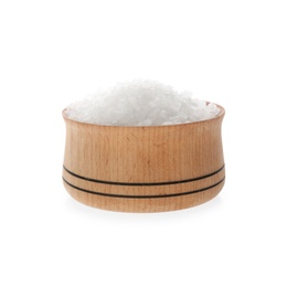 Natural salt in bowl on white background