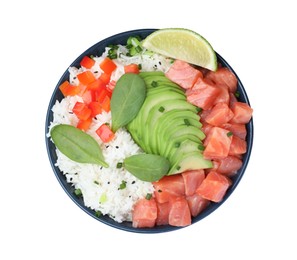 Delicious poke bowl with salmon, spinach and avocado isolated on white, top view