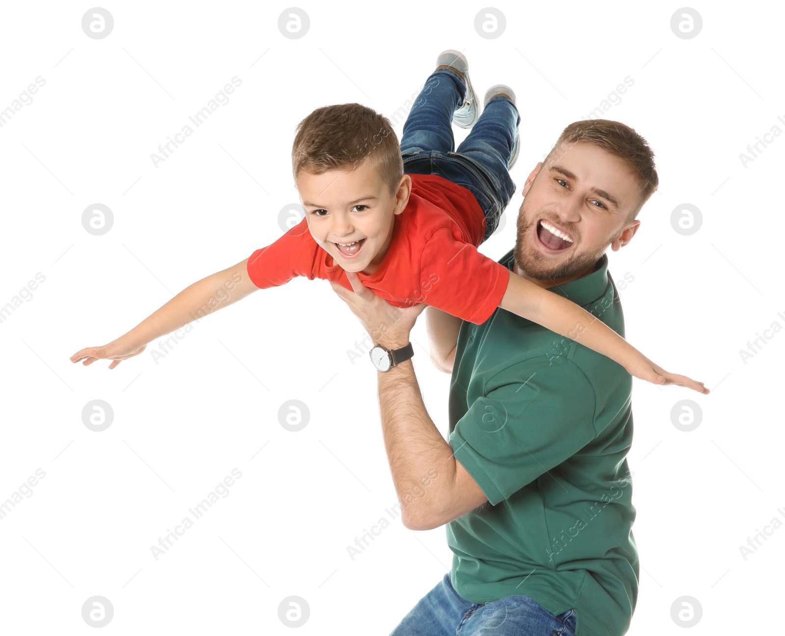 Photo of Father and son having fun on white background