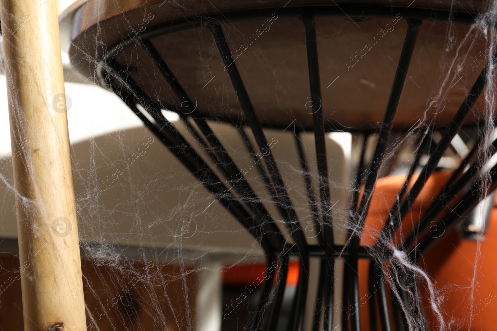 Photo of Old cobweb on chair in room, closeup