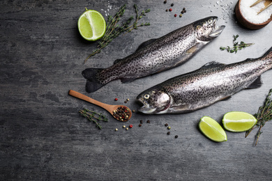 Photo of Flat lay composition with raw cutthroat trout fish on grey table