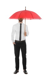 Businessman with red umbrella on white background