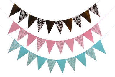 Buntings with colorful triangular paper flags on white background. Festive decor