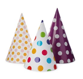 Bright party hats on white background. Festive accessory