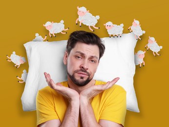 Image of Exhausted man suffering from insomnia on yellow background. Illustrations of sheep running around his pillow