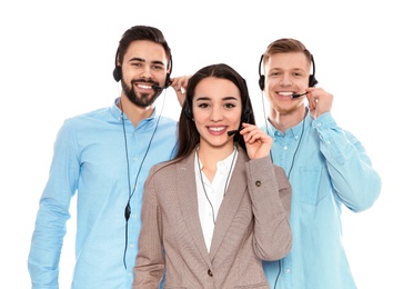 Photo of Technical support operators with headsets isolated on white