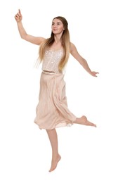 Photo of Beautiful girl in beige skirt on white background