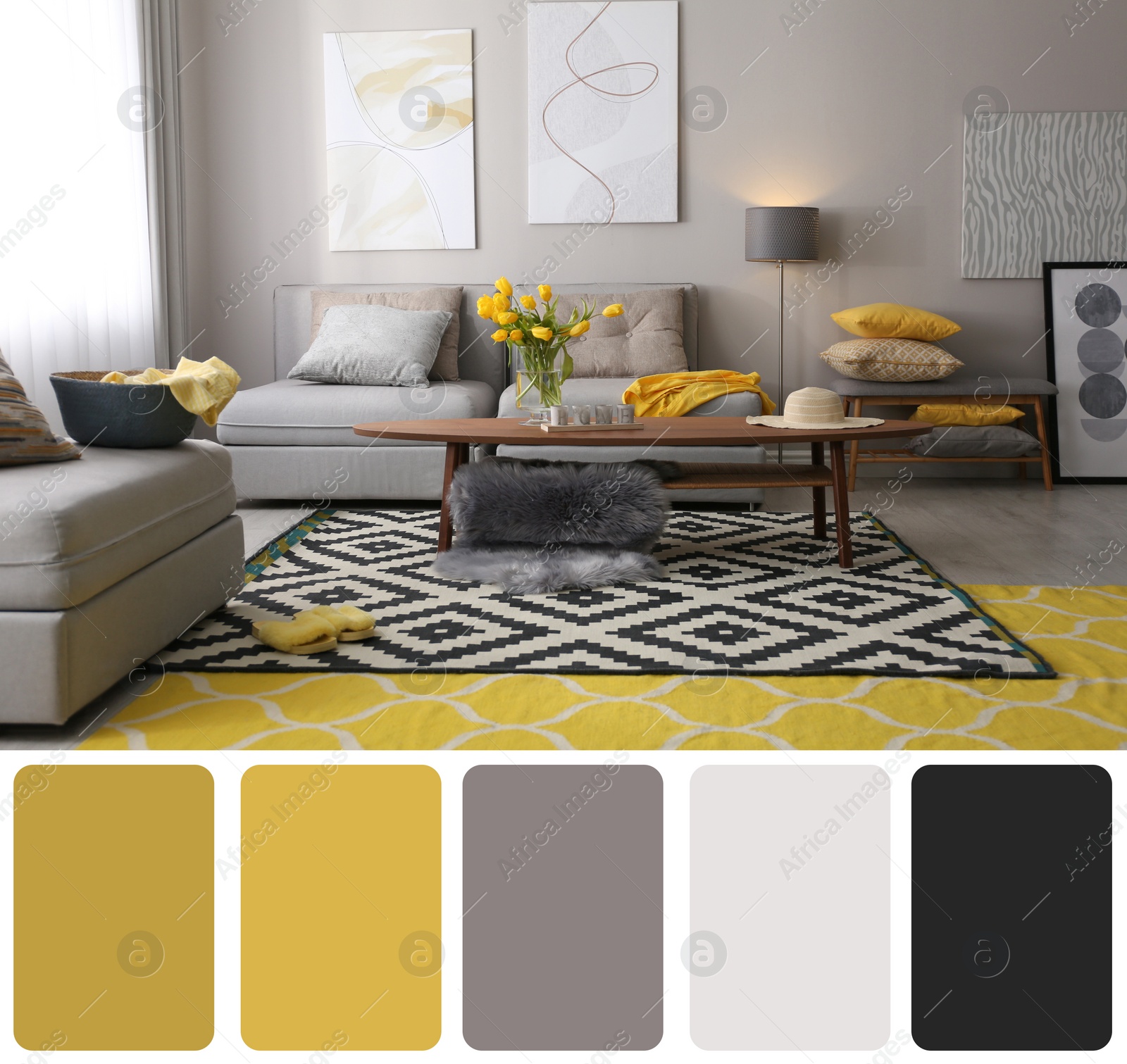 Image of Color palette and photo of stylish living room interior. Collage