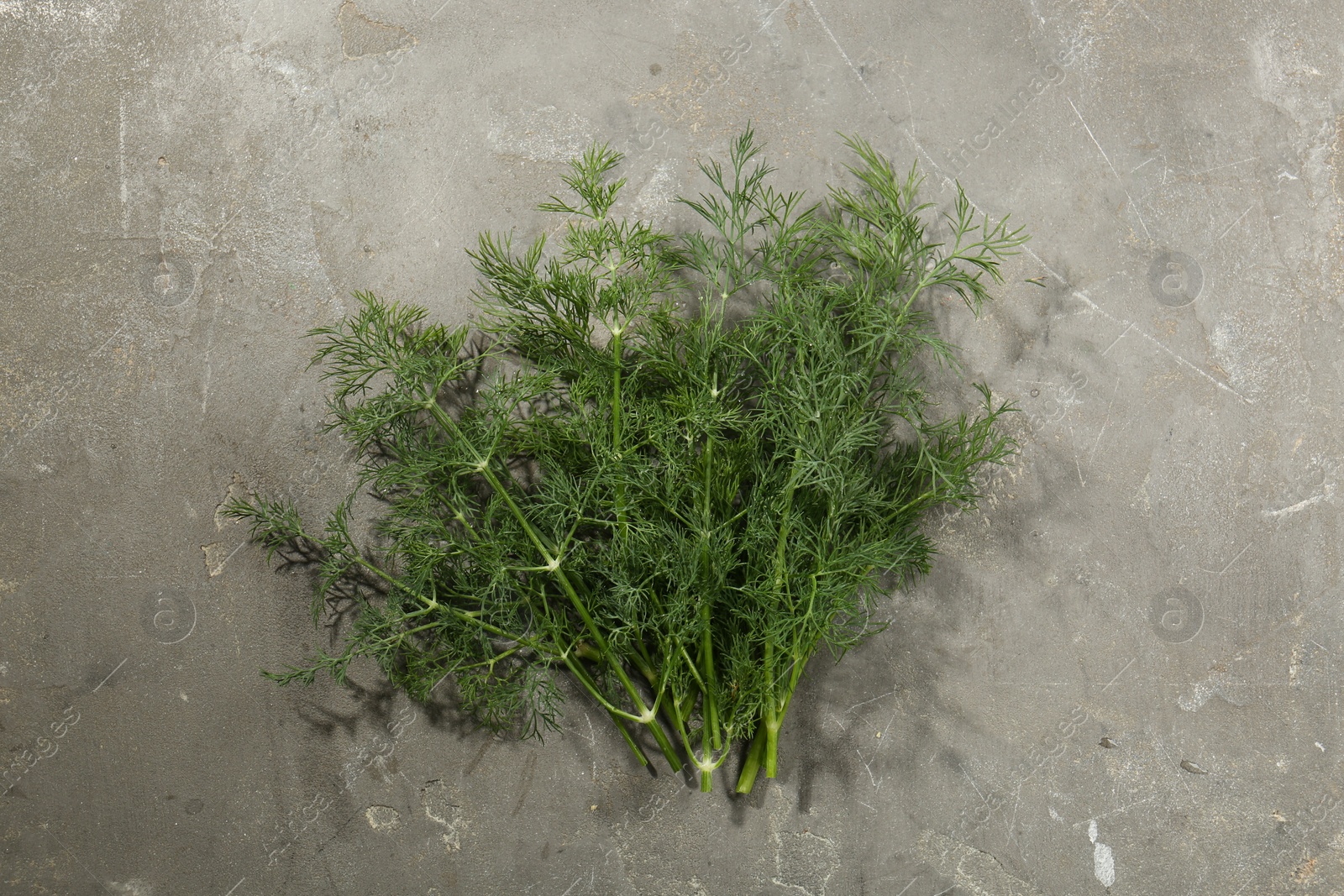 Photo of Fresh green dill on grey table, top view