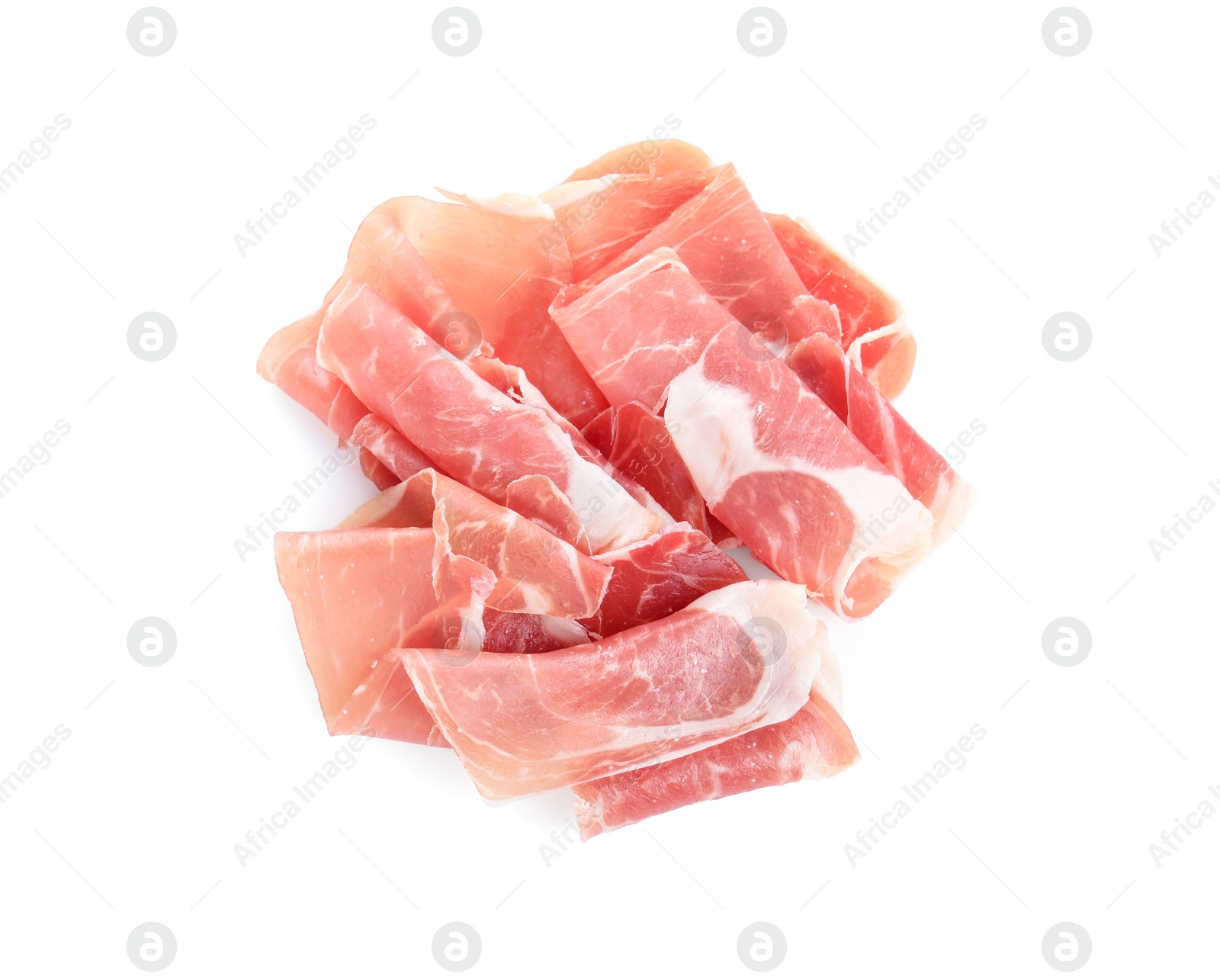 Photo of Slices of tasty prosciutto on white background, top view