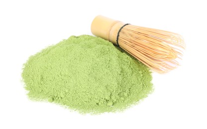 Green matcha powder and bamboo whisk isolated on white