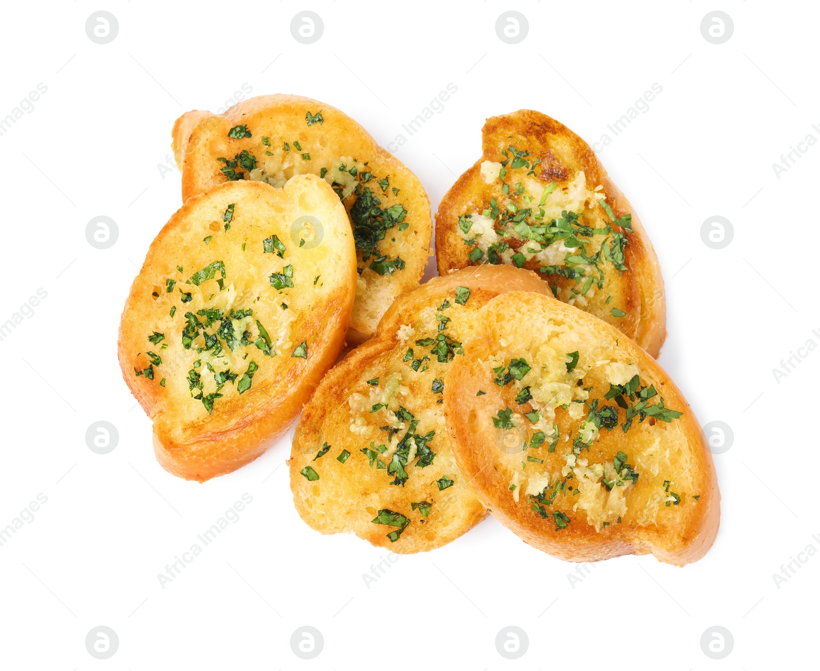 Photo of Slices of tasty garlic bread with herbs isolated on white