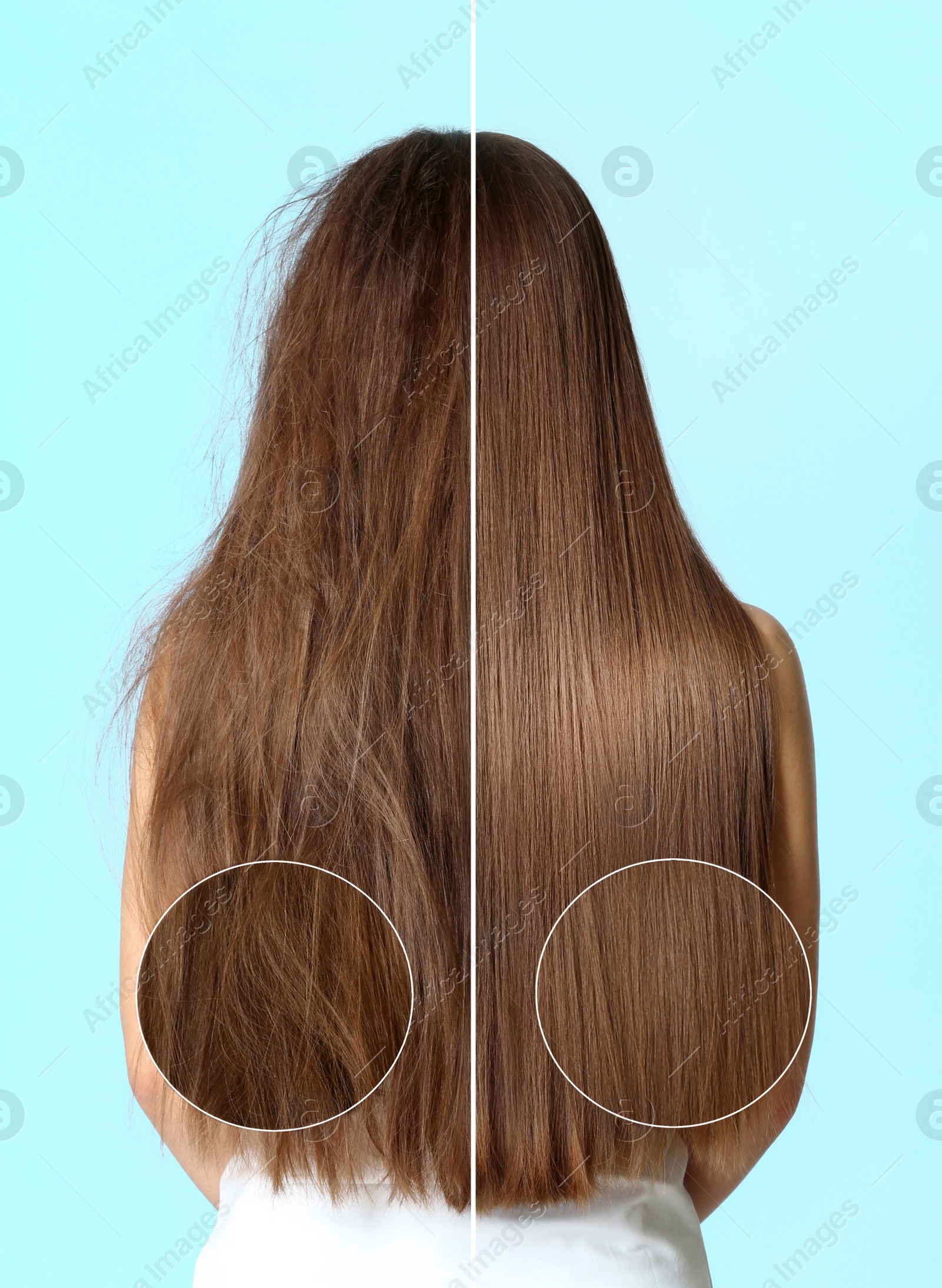 Image of Woman before and after washing hair with moisturizing shampoo on turquoise background, collage