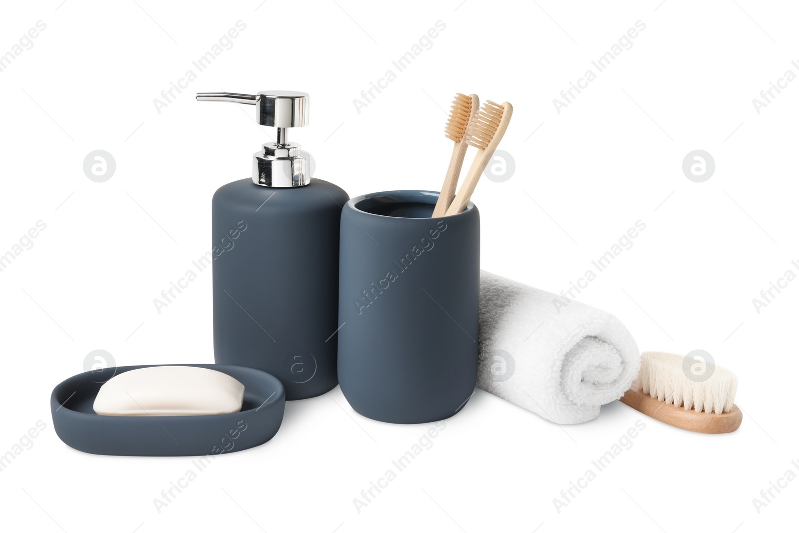 Photo of Bath accessories. Set of different personal care products isolated on white