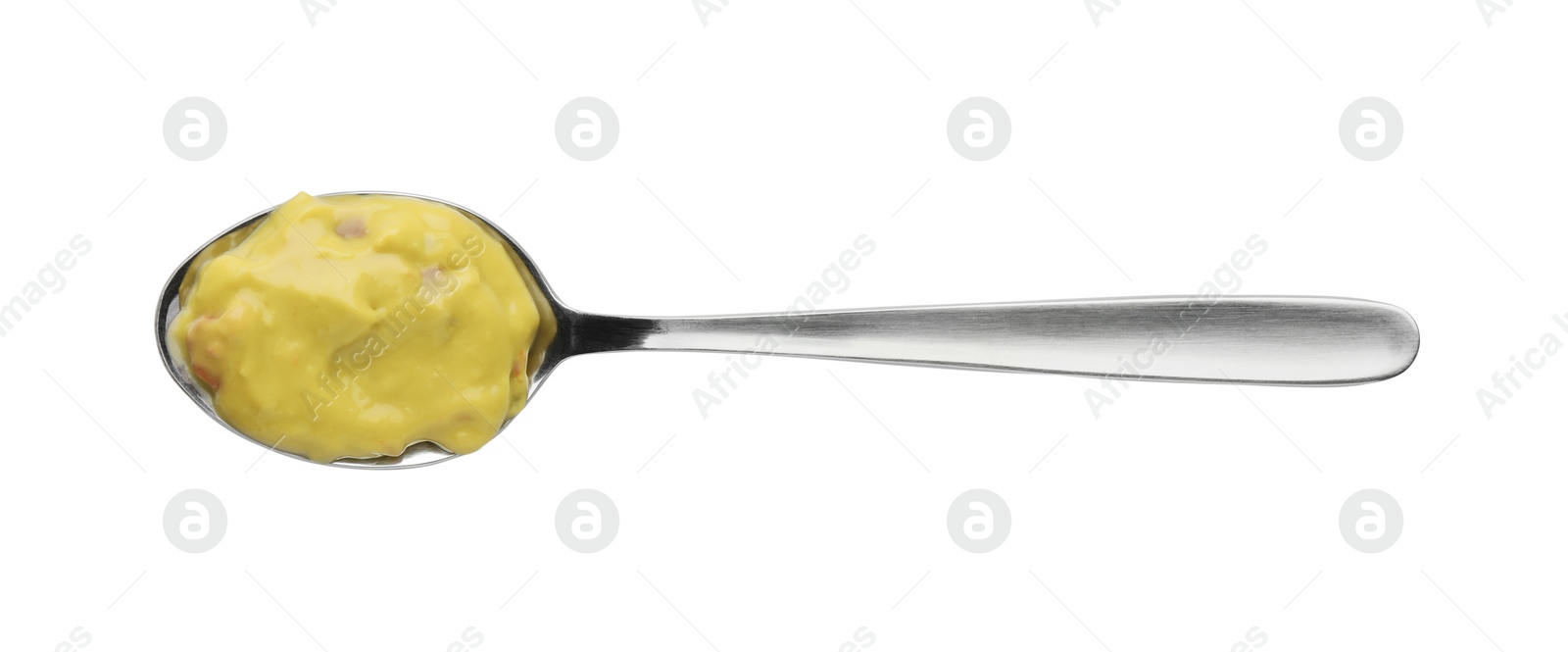 Photo of Spoon with delicious guacamole sauce isolated on white, top view