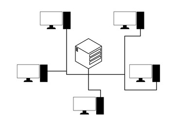 Computers connected with server on white background, illustration. Multi-user system