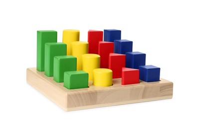 Photo of Wooden sorter with colorful geometric figures isolated on white. Children's toy