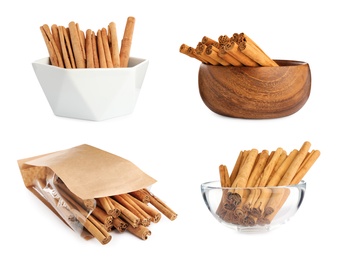 Image of Set with aromatic cinnamon sticks on white background 