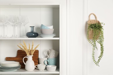 Different clean dishware and glasses on shelves in cabinet indoors