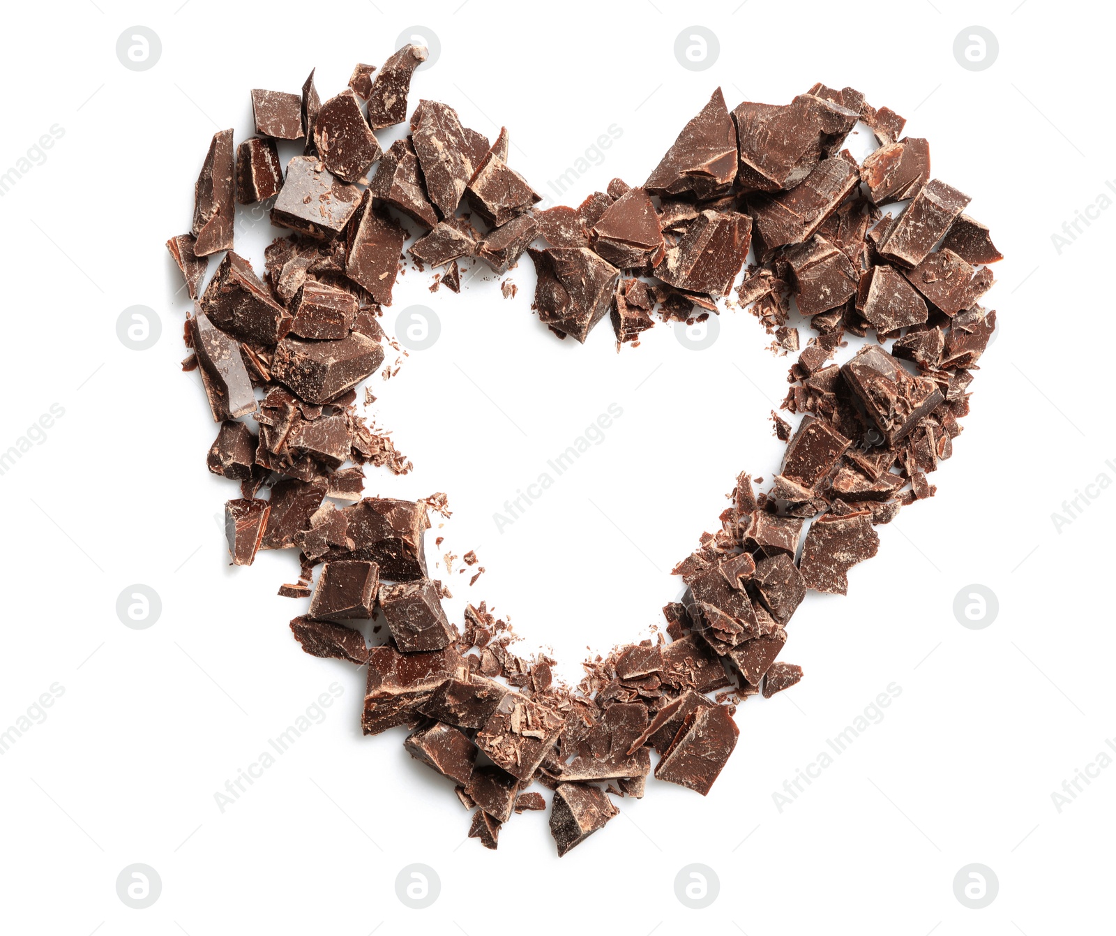 Photo of Heart made with dark chocolate crumbles on white background, top view