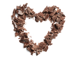 Photo of Heart made with dark chocolate crumbles on white background, top view