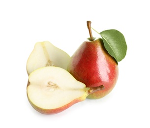 Whole and sliced pears on white background