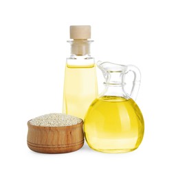 Fresh sesame oil and seeds isolated on white