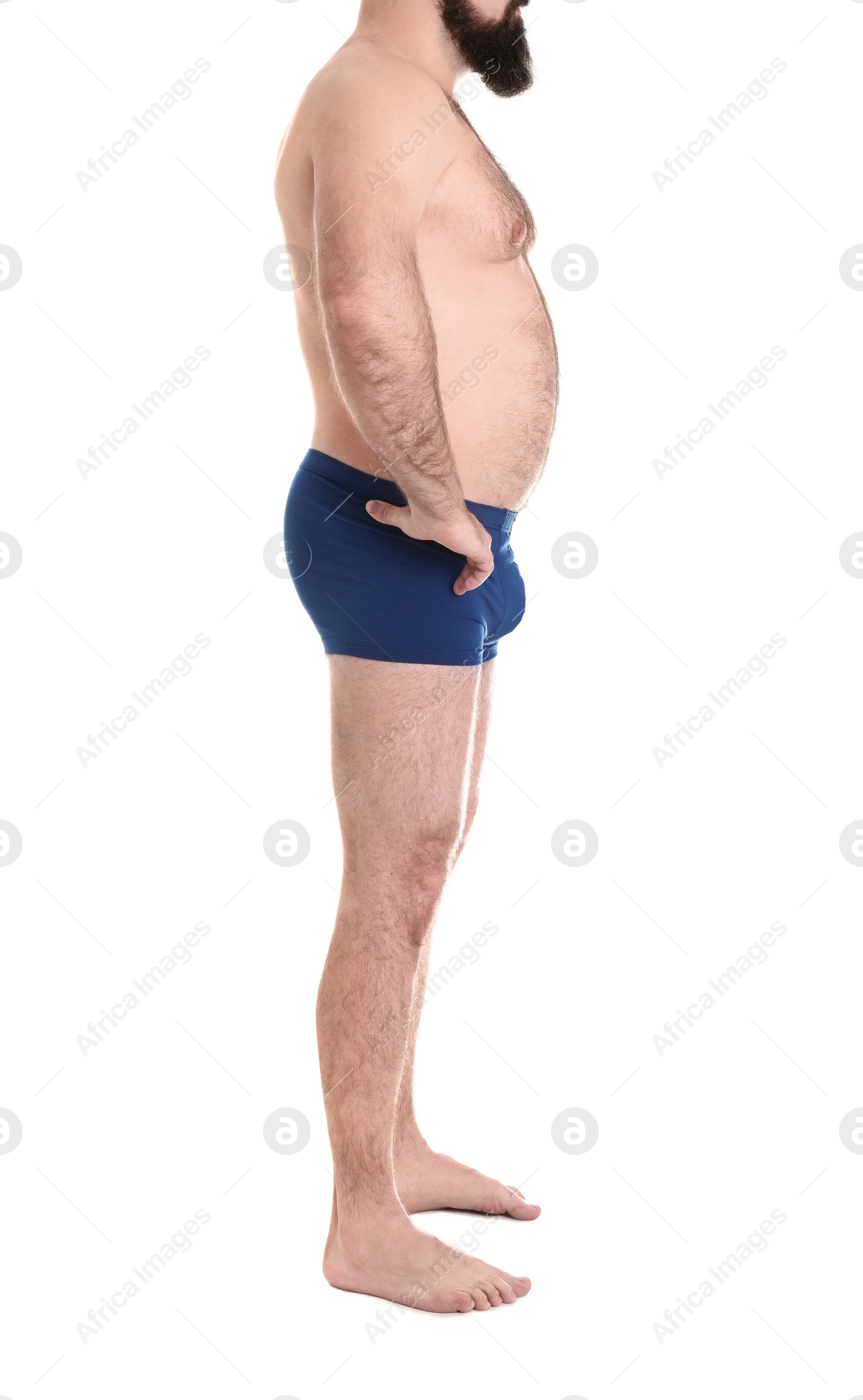 Photo of Overweight man isolated on white, closeup. Weight loss